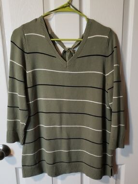 Talbots Olive Green Striped V-Neck Sweater with Back Tie